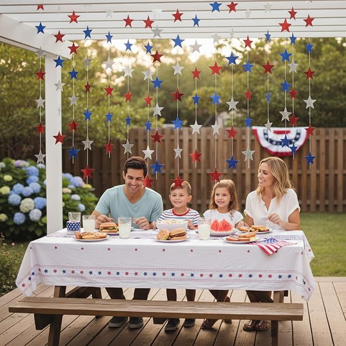 Patelai 130ft Glitter Star Garland, Red Silver Blue Patriotic Streamers Bunting Banner for 4th of July Independence Day Decorations, Memorial Veterans Day, 2026 Graduation Party Supplies