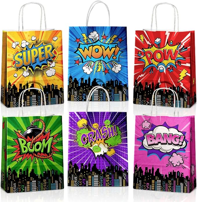24 Pcs Hero Party Favor Bags with Handles - Hero Goodie Bags, Gift Bags. Comic Hero Theme Candy Bags for Kids, Kraft Paper Bags for Birthday Party Supplies and Baby Shower Decorations.