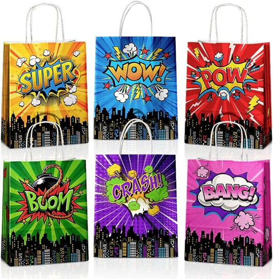 24 Pcs Hero Party Favor Bags with Handles - Hero Goodie Bags, Gift Bags. Comic Hero Theme Candy Bags for Kids, Kraft Paper Bags for Birthday Party Supplies and Baby Shower Decorations.