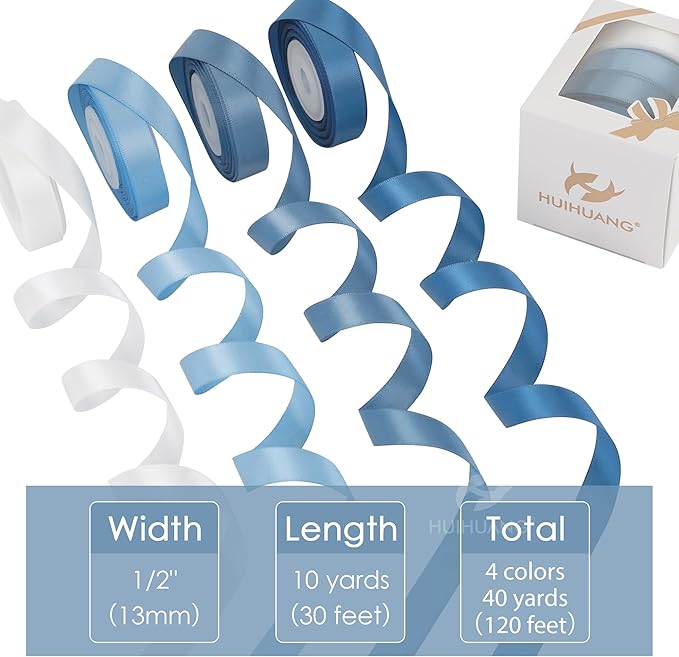 HUIHUANG Dusty Blue Satin Ribbon 1/2 inch x 4 Rolls Light Blue/Smoke Blue/White/Dusty Blue Ribbon for Gift Wrapping DIY Crafts Hair Decor Flower Bouquets Wedding Decor- Total 40 Yards