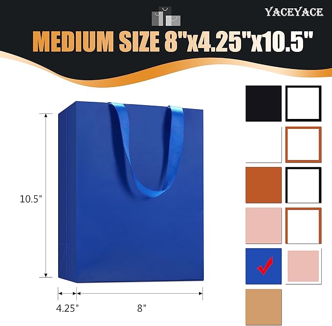 Blue Gift Bags, 10Pcs, 8x4.25x10.5 Inch, Medium Blue Paper Gift Bags with Ribbon Handles, Multi-purpose, Wedding, Birthday, Party, etc.