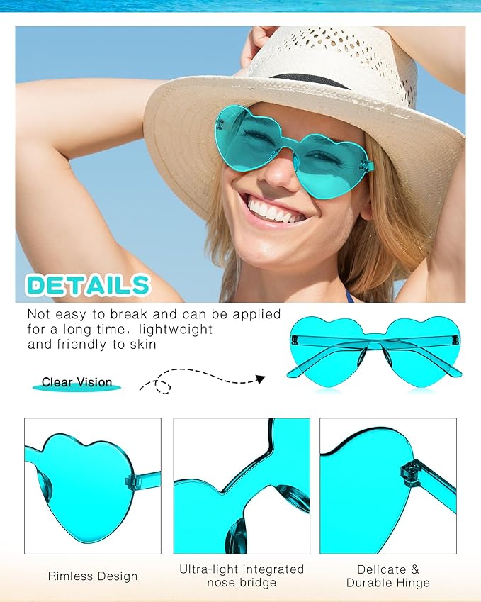 Kingdder 24 Pairs Heart Shaped Sunglasses Rimless Glasses Bulk Candy Color Tinted Eyewear Summer Party Favors