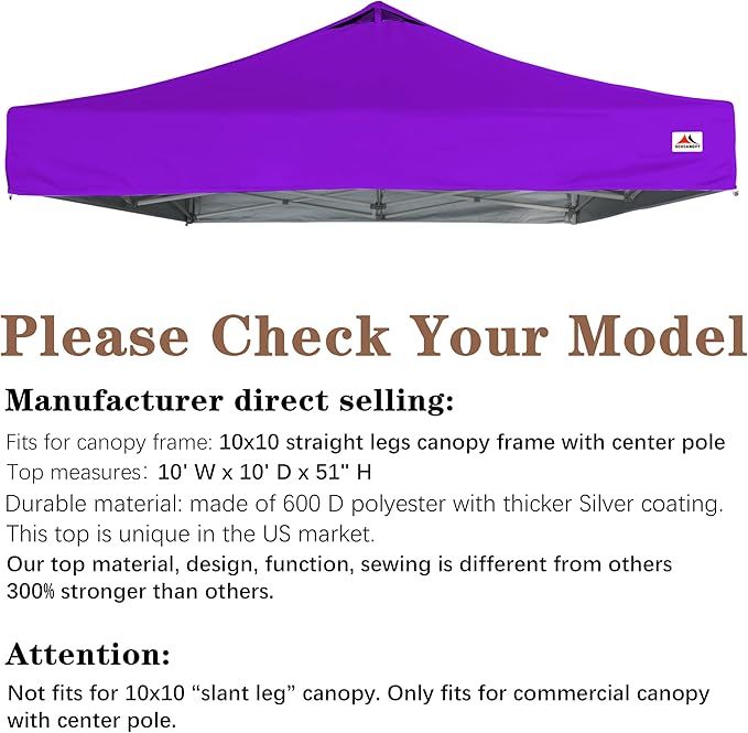 SCOCANOPY Commercial 10x10 Pop Up Canopy Replacement Cover Top with Air Vent,Canopy Cover ONLY, (Purple)