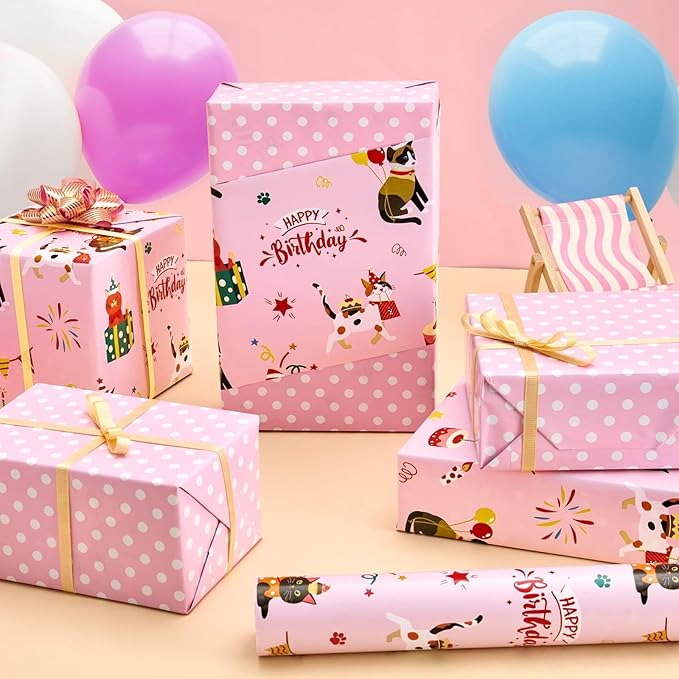 WERNNSAI Cat Wrapping Paper Roll - 1 Roll 17”x 33 ft Happy Birthday Wrapping Paper Pink Cat Birthday Gift Wrap for Kids Girls Adults Kitten Party Baby Shower Decoration Reversible Polka Dot Design