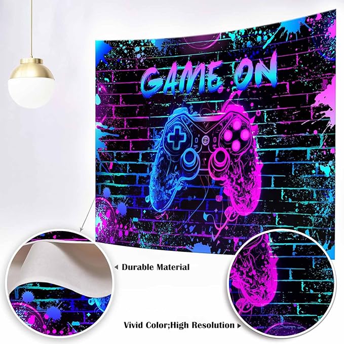 Mocsicka Game On Backdrop Video Game for Boys Level Up Birthday Party Decoration Purple Game Night Arcade Neon Glow Gamer Banner Photography Background (Purple, 10x8ft(120"x96"))