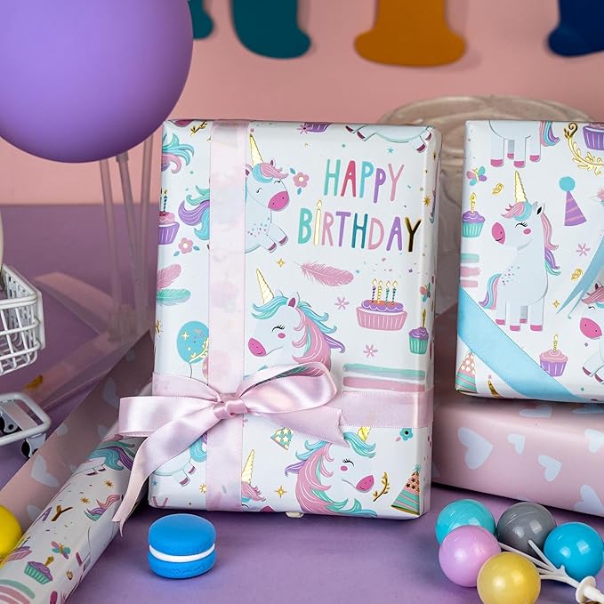 MAYPLUSS Unicorn Wrapping Paper for Girl, 17 Inch x 16.5 Feet Birthday Gift Wrap Featuring Gold Corn Reversible Heart for Princess Kids Baby Shower