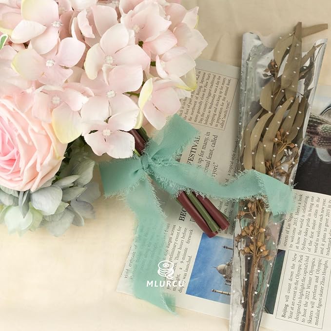 Dusty Green Chiffon Ribbon - 1 Inch x 21 Yards, Handmade Fringe, Silk, Boho Frayed, Gift Wrapping, Wedding Invitation, Bridal Flower Bouquets