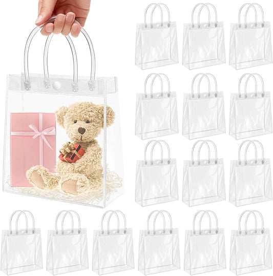 Okxiri 15 PCS Clear PVC Gift Bags with Handles,Small Reusable Plastic Party Favor Bags, Transparent Goodie Bags for Wedding,Baby Shower, Birthday (6.1" x 6.1" x 2.7")