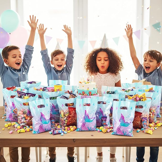 Matwsec 50 Pcs Mermaid Goodie Bags Plastic Gift Bag Christmas for Party Favor Under The Sea Goodie Bag Mermaid Tail Treat Bags with Handles for Candy Girls Kids Birthday