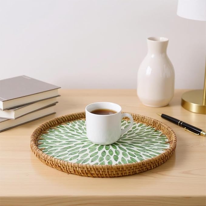Round Rattan Tray with Mother of Pearl Inlay, Handwoven Wicker Coffee Table Serving Basket Tray for Fruit Snack Party Picnic Cafe Bedroom Kitchen Home Decor Set of 2 (Green Leaves)