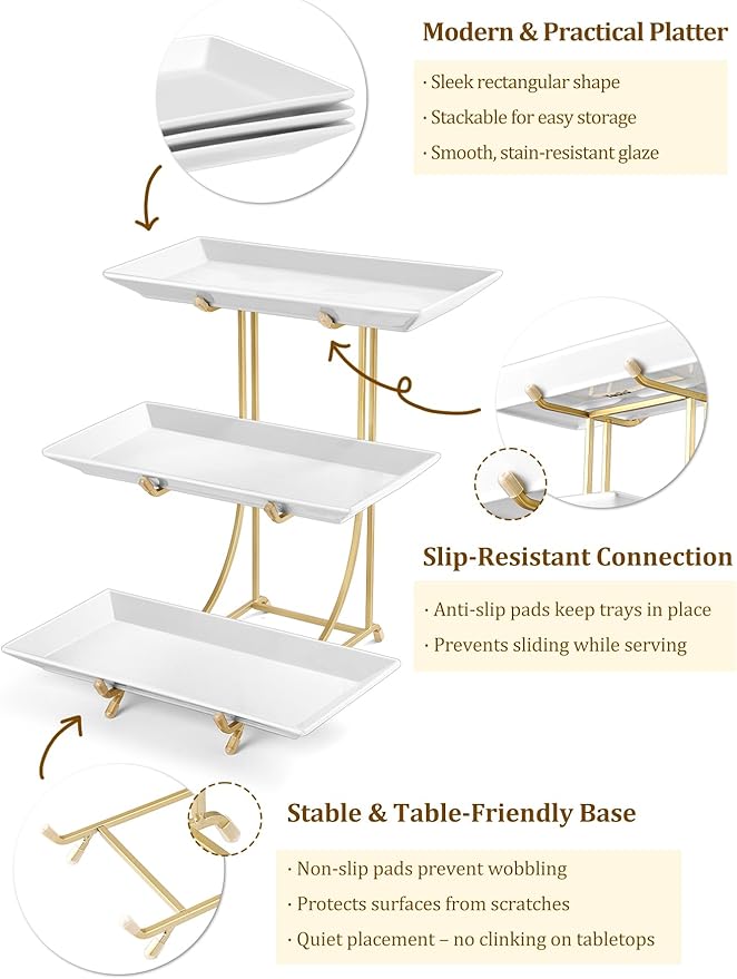 3 Tier Serving Tray Set – 12 Inch Porcelain Serving Platters with Pre-Assembled Gold Metal Stand, No Installation Required, Tiered Tray for Dessert Fruit Food Display and Party Entertaining