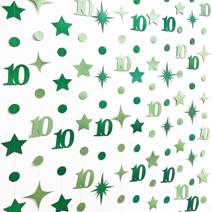 Green 10th Birthday Decorations Number 10 Circle Dot Star Garland Glitter Streamer Banner Backdrop for Girls Boys Double Digits Cheers to 10 Years Old Birthday 10th Anniversary Party Supplies