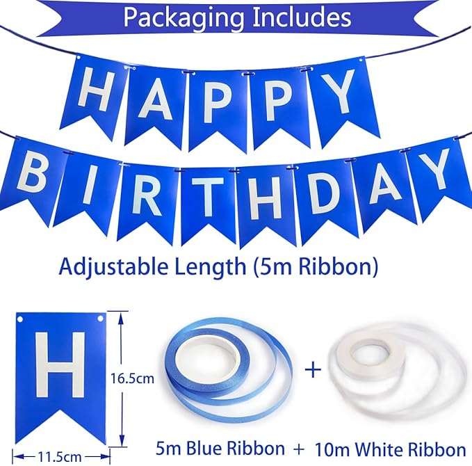 Happy Birthday Banner, Blue Birthday Decoration, 16 Pcs 12in Balloons with 2 Ribbons for Boys and Men Any Ages Party Decoration