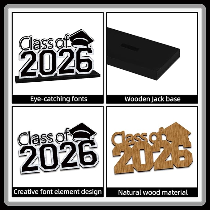 4Pcs Black and Silver Graduation Decorations 2026 Wooden Table Centerpieces Class of 2026 Table Toppers Congrats Grad Tiered Tray Decor for 2026 Graduation Table Decorations