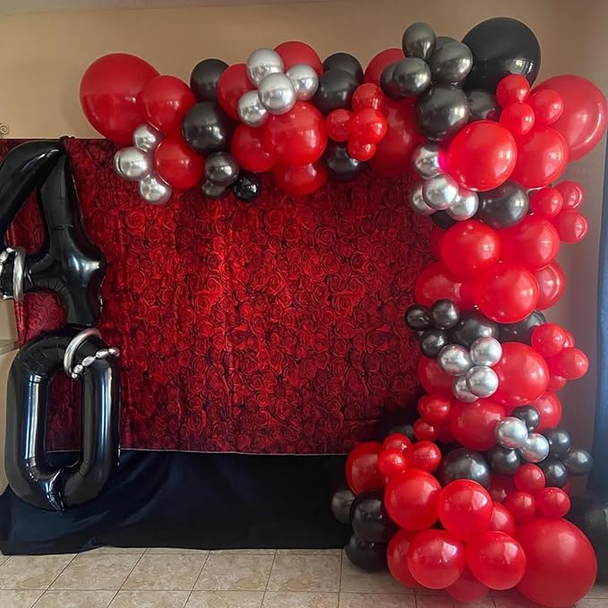 Red and Black Balloons Arch Kit, Red Black and Silver Balloons for Anniversary Birthday Racing Car Poker Party Decoration