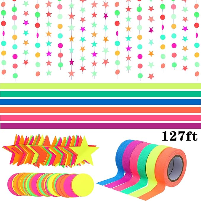 WILLBOND 127ft Glow Neon Party Supplies Set, 6 Colors UV Blacklight Reactive Tape, Neon Paper Garlands Circle Dots Stars Hanging Decorations for Birthday Wedding Glow Party Decorations
