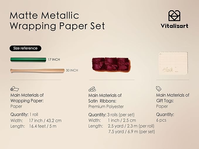 Vitalizart Green Matte Metallic Wrapping Paper Set 17" With Red Silk Like Satin Ribbon & Gift Tags Recyclable Christmas Gift Wrapping Birthday Baby Shower Wedding Handmade Crafts 197"(16.4 Ft)