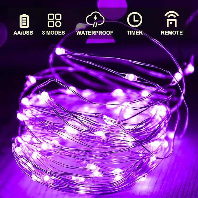 Aogist 50LED Fairy Lights 16ft Dual Power(USB/Battery) with Remote & Timer, 8 Modes Flexible Copper Wire Waterproof String Lights for Outdoor Christmas Wedding Bedroom Party Decor-1 Pack,Purple