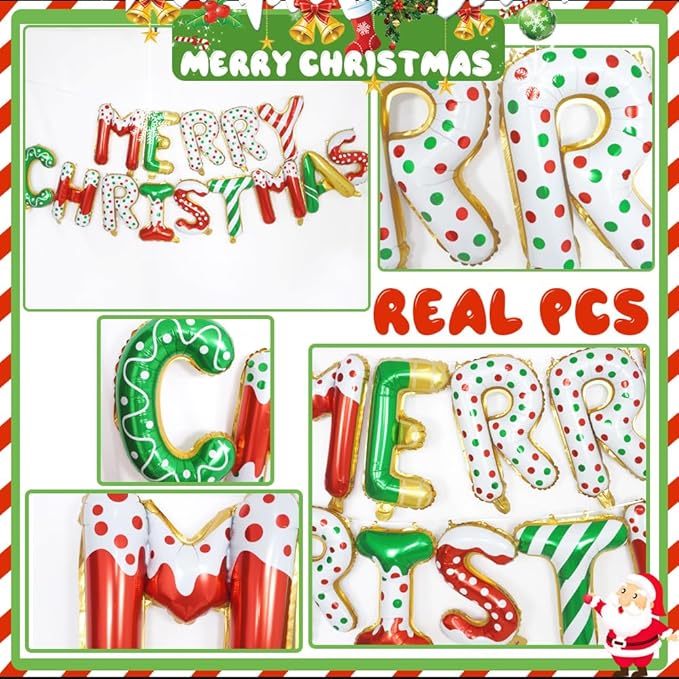 MERRY CHRISTMAS Balloon Banner, Red Green Gold Happy Christmas Style Sign for Xmas Party Decorations, 16 Inches Foil Donut Balloons Letter for Christmas Themed Indoor Outdoor Decor