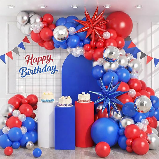 Red Blue Silver Balloon Arch Garland Kit, Memorial Day Patriotic 250th Anniversary USA Balloons 4D Ball Explosion Star Balloon for Independence Day Graduation 4th of July Baseball Birthday Party Decor