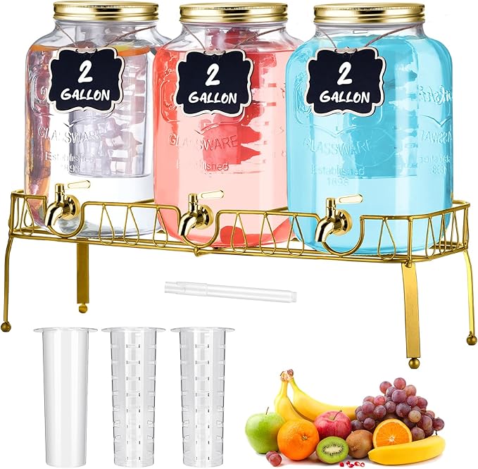 Lallisa 3 Pcs 2 Gallon Glass Drink Dispenser with Stand and Lid Mason Jar Beverage Dispenser with Stainless Steel Spigot, Hanging Chalkboard Signs, (Gold)