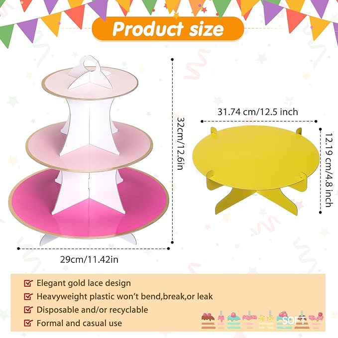 6 Pieces Colorful Cupcake Stand Set 3 Tier Cardboard Dessert Tower 1Tier Cupcake Display Stand Serving Cupcake Holder for Birthday All Themed Party Events Cake Display, Pink, Blue, Yellow
