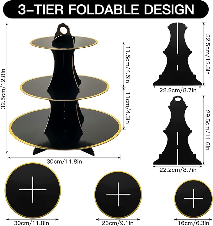 Soleebee 3-Tier Round Cupcake Stand, Cardboard Cupcake Tower, Dessert Cup Cake Stand Tower for Birthday Wedding Party Decoration, Cupcake Tier Stand 1 Set (Black Gold)