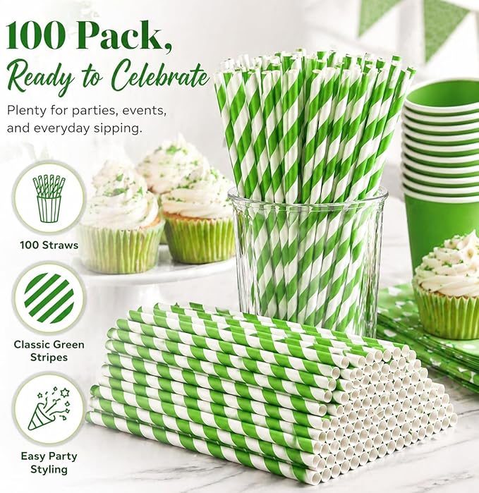 100 Pack Green and White Striped Paper Straws, 7.75 Inch Disposable Drinking Straws for Birthday Party, Baby Shower, St. Patrick’s Day, Garden Party, Wedding, Party Decorations