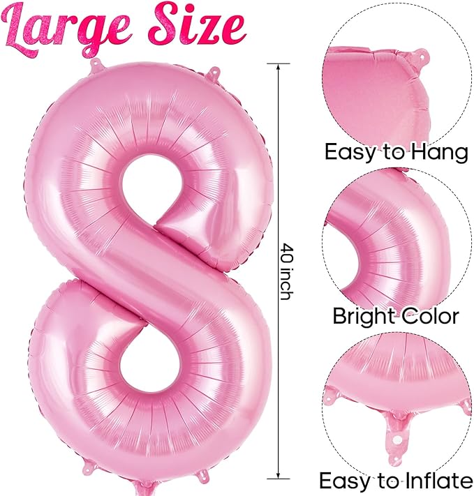 Pink Number 8 Balloon 40 Inch, Big Large Foil Helium Number Balloons, Jumbo Giant Mylar Number 8 Balloons for 8 Year Old Birthday Party Decorations Supplies Anniversary Celebration