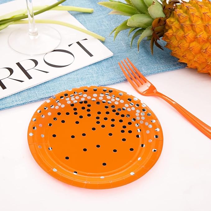 50 Pcs Party Supplies - Orange Silver Dot Tableware Set - 7/9 Inch Paper Plates for Birthdays, Weddings & More