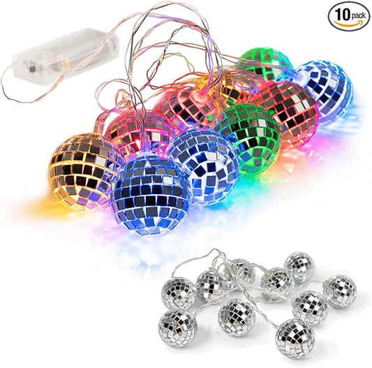 10 LED 2" Disco Balls String Lights 5.5ft, Battery Operated Portable Decorative Novelty Christmas Holiday Hanging Fairy Light Garland for Indoor/Outdoor, Silver Mirror/Colorful