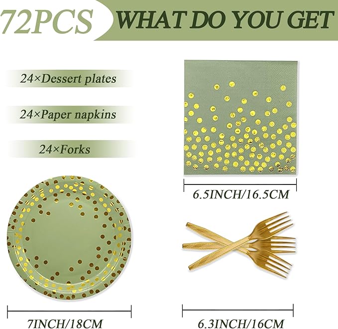 72PCS Sage Green Paper Plates and Napkins - Sage Green Gold Dots Tableware Set Include Dessert Plates,Napkins and Forks Disposable Decoration Supplies for Birthday Graduations Wedding Party,Serve 24