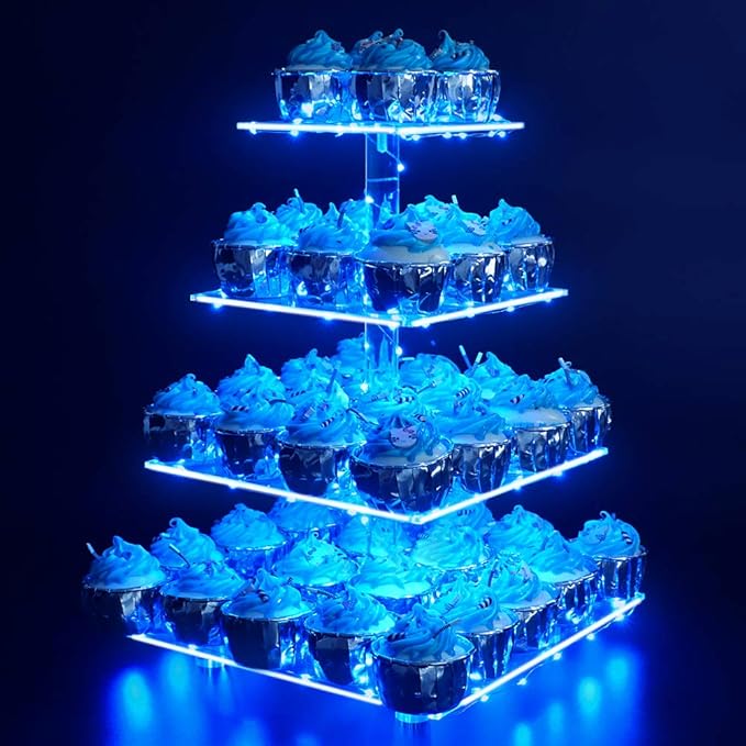 YestBuy 4 Tier Acrylic Cupcake Stand Afternoon Tea Cake Stand Large Cupcake Stand Cupcake Tower Cupcake Holder for Pastry + LED Light String Ideal for Weddings Birthday Bar Party Décor (Blue Light)