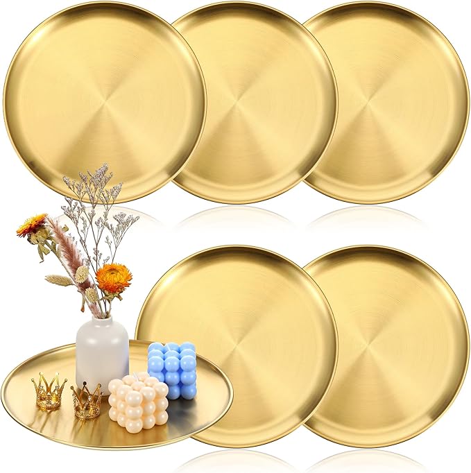 Molain 6 Pcs Gold Serving Trays, 12 Inch Stainless Steel Round Decorative Serving Table Food Circle Tray for Coffee Bar Home Bathroom Candle Wedding Party Makeup Organizer Perfume Countertop