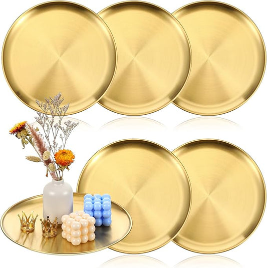 Molain 6 Pcs Gold Serving Trays, 12 Inch Stainless Steel Round Decorative Serving Table Food Circle Tray for Coffee Bar Home Bathroom Candle Wedding Party Makeup Organizer Perfume Countertop