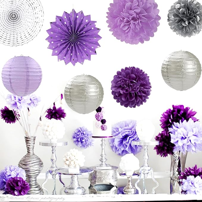 Purple Lilac-Lavender Silver Women Birthday Party-Decorations - 21pc Happy Banner,Paper Lanterns Streamers,Tissue Pom Poms Honeycomb Flower Fan, Girls Hanging Decor Supplies Garland Backdrop Huglony