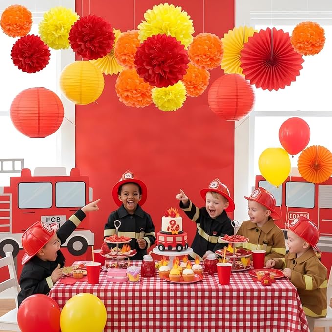 Red Orange and Yellow Paper Pom Poms (12 Pack) - Hanging Tissue Flowers for Thanksgiving Firefighter Birthday Party Ceiling Decorations