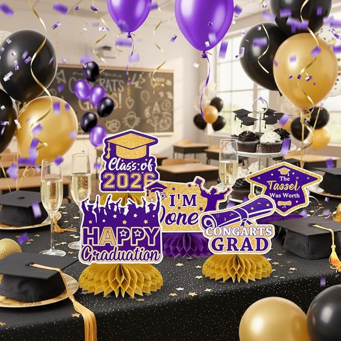 Graduation Decorations Class of 2026 Honeycomb Centerpieces, 9PCS Graduation Centerpieces for Tables, Congrats Grad Table Toppers for Middle High School College Graduation Decorations (Purple Gold)