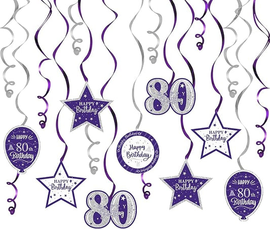 Happy 80th Birthday Purple & Silver Glitter Swirls Streamers Party Decorations - 15 Pcs 80th Birthday Hanging Swirls Streamers Kit,Cheers to Eighty Years Old Bday Party Sign.