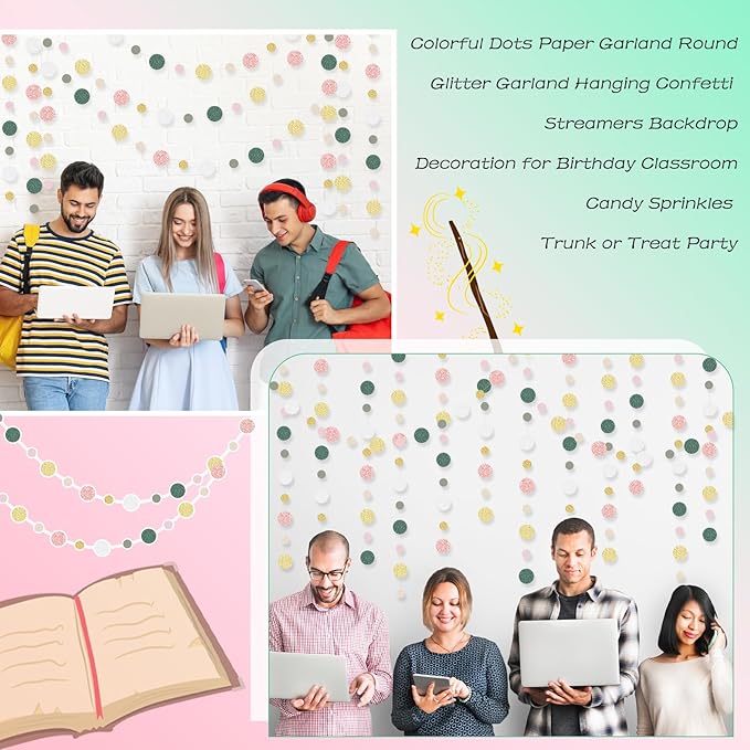 Outus 5 Pieces Colorful Circle Garland Banner Hanging Paper Dot Decorations for Classroom, Birthday Party, Baby Shower, Wedding Backdrop & Photo Booth Graduation Decor (Sage Green,Pink,Gold)