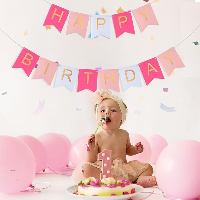 Pink Happy Birthday Banner -Roseo Pink White Hanging Backdrop Sign with Gold Letters, Happy Birthday Sign Bunting Decorations for Women men Kids Baby Shower Party Supplies (13pcs)