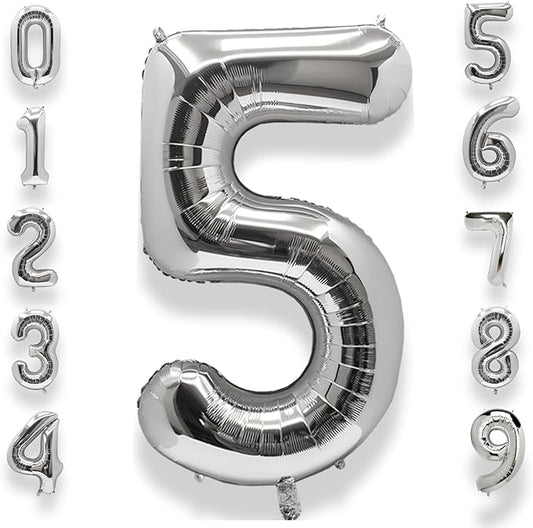 AULE 40 Inch Big Silver 5 Balloon Number Large Foil Helium Number Balloons 0-9 Jumbo Giant Happy 5th Birthday Party Decorations for Boy or Girl Huge Mylar Anniversary Party Supplies