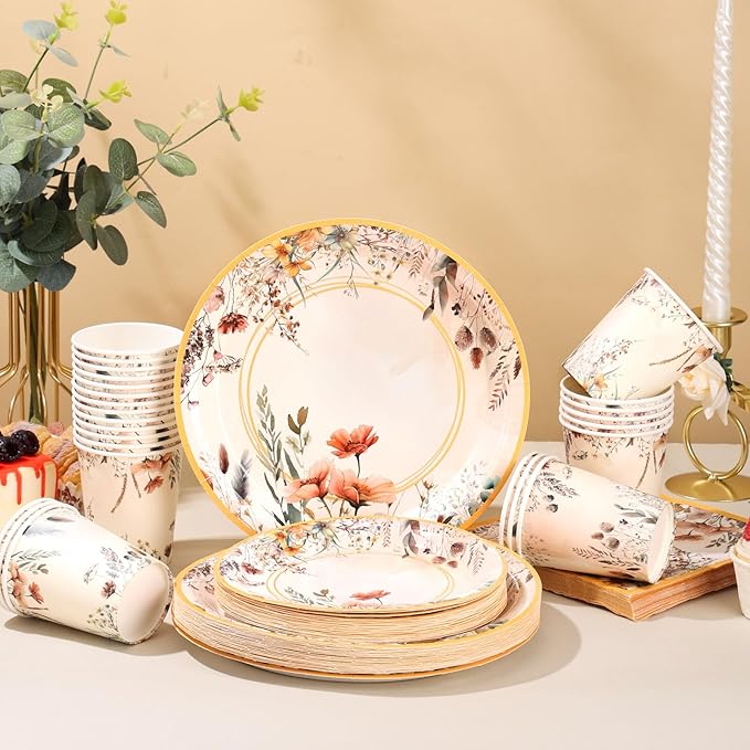 Spring Wildflower Party Decorations,Wildflower Birthday Dish Set,Disposable Plates,Floral Paper Plates and Napkins Sets for Baby Shower Birthday Bridal Shower Decorations,Serves 24