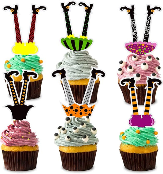 Withch Paper Cupcake 48 Pieces Toppers Halloween Witch Feet Shoes Cake Toppers for Halloween Birthday Party Dessert Decorating Supplies