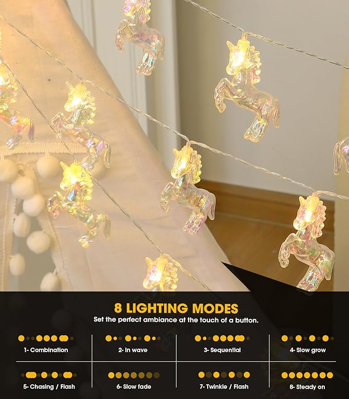 AceList 20 LED Unicorn String Lights, 10Ft Unicorn Birthday Decorations String Lights for Bedroom Party, USB&Battery Powered Waterproof Fairy Lights for Christmas Gifts, Tree Decor Indoor(White Wram)