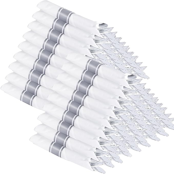 Supernal 100pack Silver Plastic Silverware with Napkins, Prewrapped & Rolled Silver Disposable Utensils (100 Forks, 100 Spoons, 100 Knives), Heavy Duty Cutlery Set with Napkin for Wedding & Party