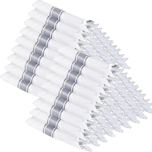 Supernal 100pack Silver Plastic Silverware with Napkins, Prewrapped & Rolled Silver Disposable Utensils (100 Forks, 100 Spoons, 100 Knives), Heavy Duty Cutlery Set with Napkin for Wedding & Party