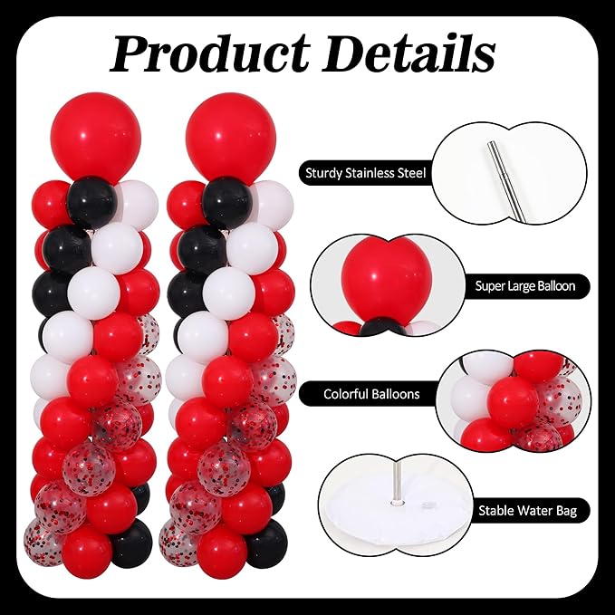Red and Black White Balloon Column Stand Kit Set of 2 with 135PCS Red and White Black Balloon Arch Kit Balloon Towers for Valentine's Day Graduation Casino Night Cars Birthday Party Decorations