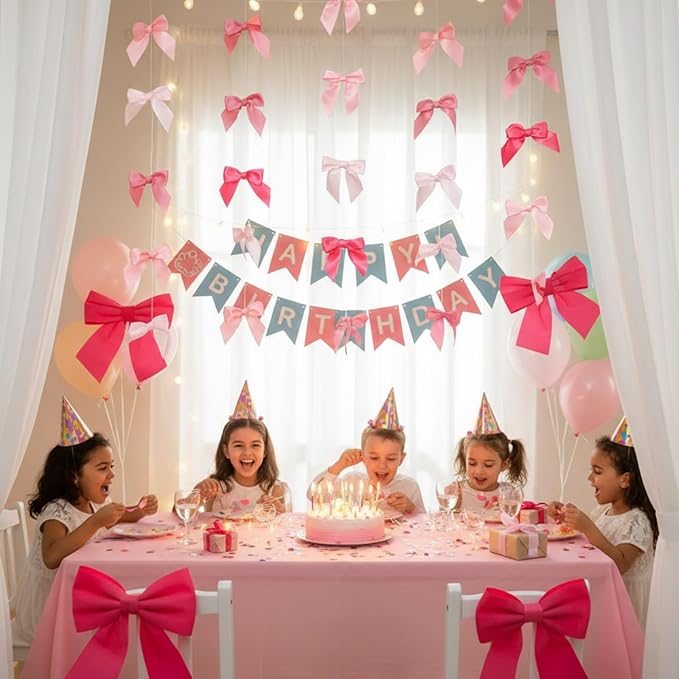 Taobary 8 Pcs 6.6 ft Bow Garland, Satin Ribbon Bow Banner Coquette Hanging Ornament for Photo Backdrop Birthday Party Wedding Bridal Baby Shower Wall Decorations(Classic Pink,1.5 Inch)