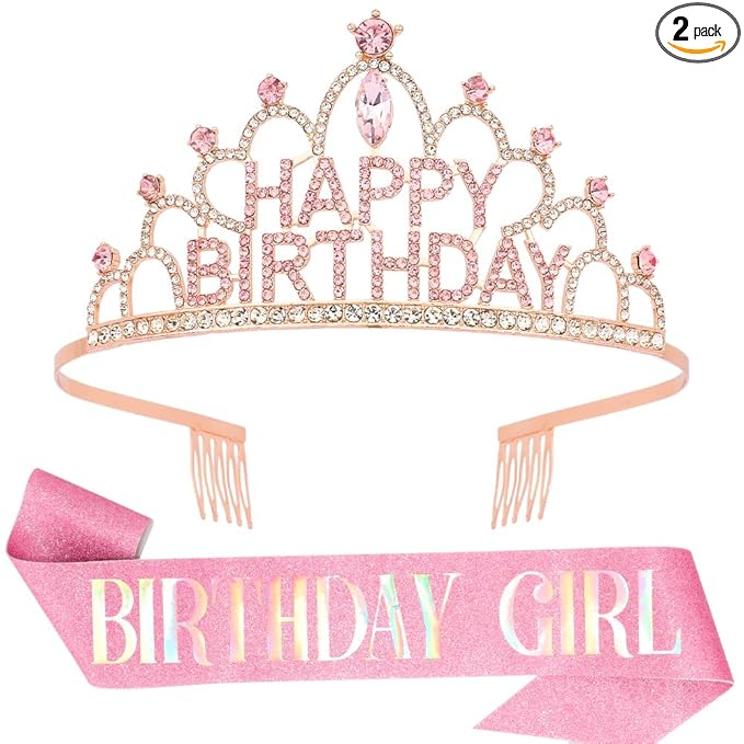 Pink Happy Birthday Crown and Sash for Women Pink Tiaras for Women Birthday Crowns for Girls Princess Crown for Girls Rhinestone Happy Birthday Hair Accessories